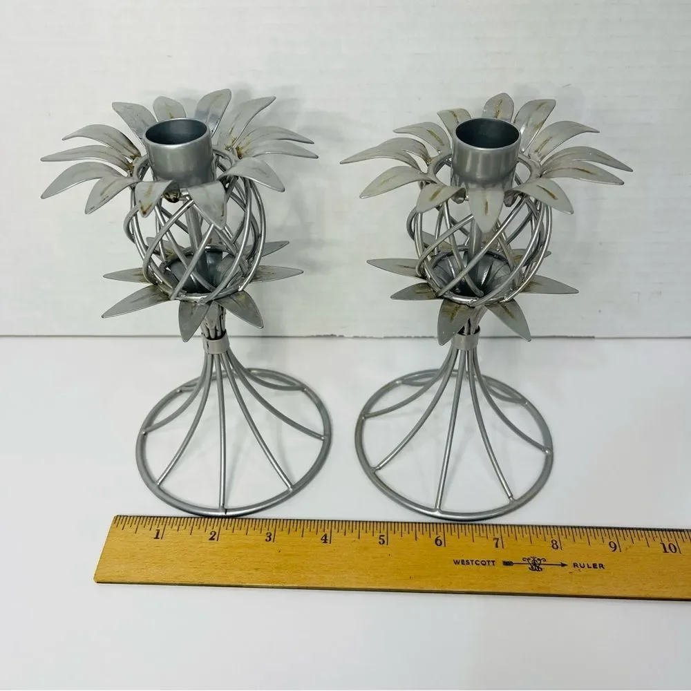 Pineapple Shape Metal Candle Sticks Holders Hawaiian Tropical Coastal Set of 2